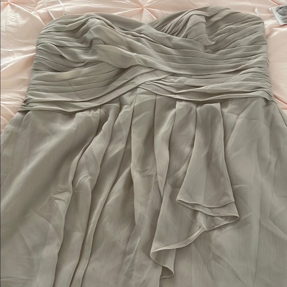 David's Bridal Green Strapless Gown with Ruched Details